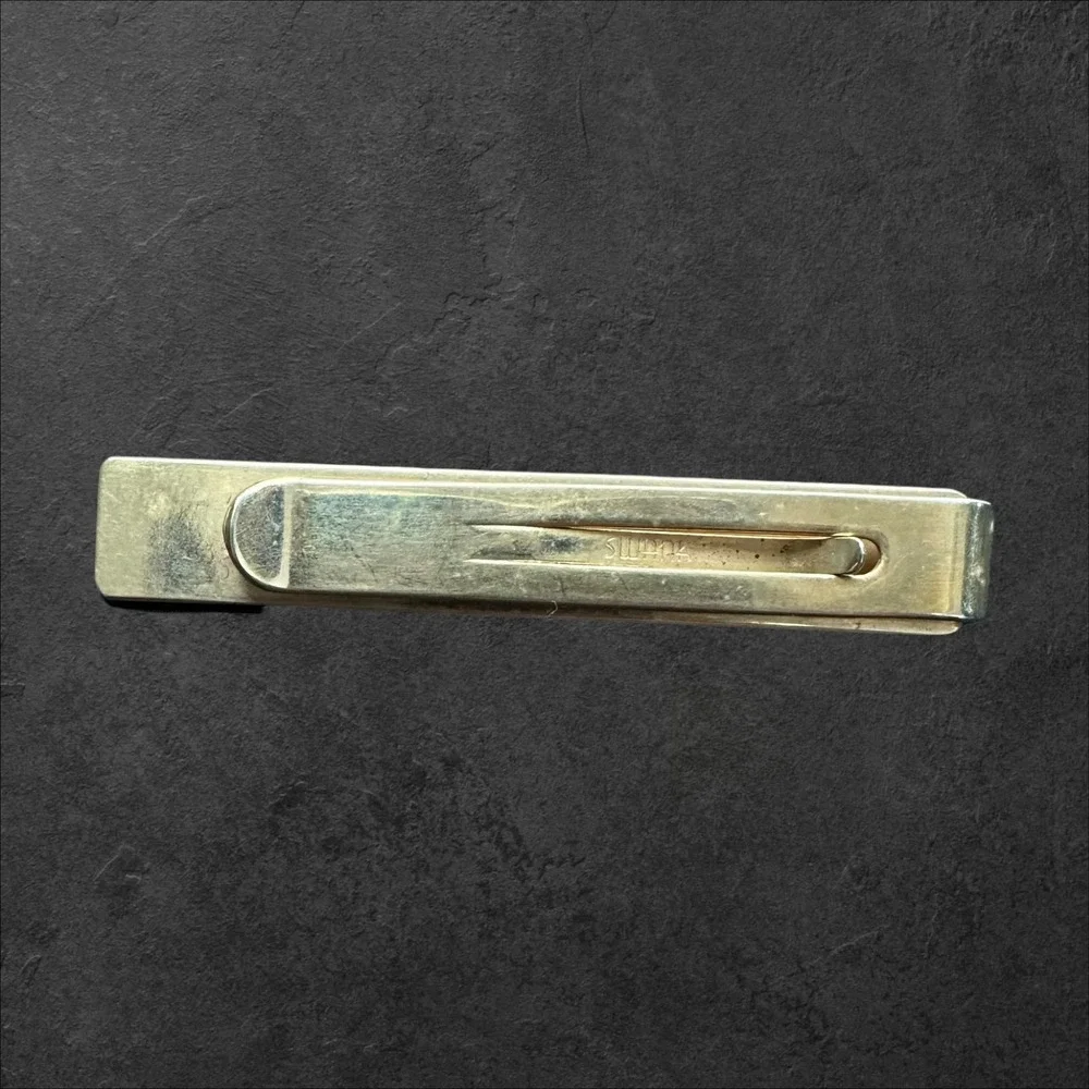 Swank Tie Clip Gold Tone‎ w/Blue Glass Cabochon Vintage Grid Textured MCM